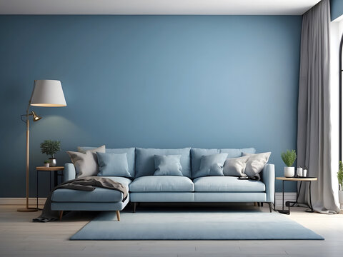 Modern living room has a blank wall of blue color with a right side a half sofa and a painting on top of a wall a ceiling lamp design.