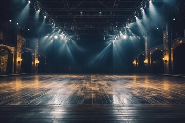 Dark modern concert music venue with an industrial atmosphere, ceiling lights shining onto the stage - obrazy, fototapety, plakaty