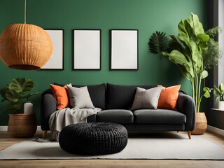 Modern living room featuring a black sofa design, wicker pouf design, and blank frames against a vibrant green wall design.