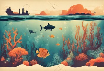 scene with fishes - obrazy, fototapety, plakaty