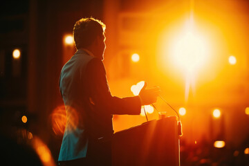  Silhouette of a Public Speaker at a Podium During a Conference Event - obrazy, fototapety, plakaty
