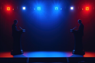 Fototapeta na wymiar Two Businessmen Facing Off in a Debate on Stage Under Spotlight