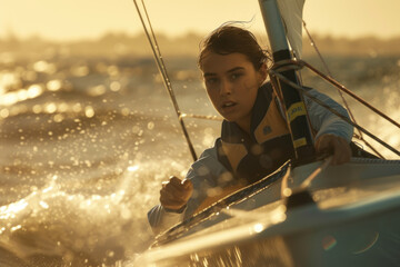 Young Sailor Steering a Dinghy in Rough Waters at Golden Hour