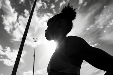 Silhouette of a Female Athlete with Javelin Against a Dramatic Sky - Powered by Adobe