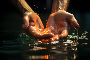 Man hands cupped together partially submerged in clear water canal. Morning sunlight shines through. Looking down at male hands in clean water cupped together with pool of water in her palms. - obrazy, fototapety, plakaty