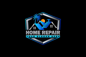 High quality colorful home repair, roofing, remodeling, handyman, home renovation, decor logo