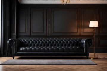 Modern classic black interior with brown color leather sofa, floor lamp, coffee table, carpet, wood floor 
