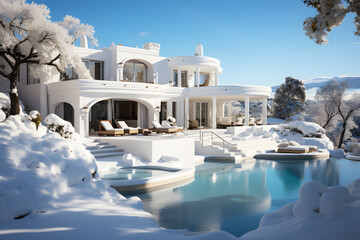 Landscape of Villa or hotel house modern with swimming pool covered with white snow. View of caldera and infinity typical white architecture background. Luxury travel concept, vacation destination. - obrazy, fototapety, plakaty
