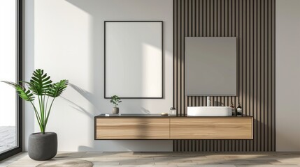 Living room wall poster mockup. Interior mockup with sink in the background. Modern interior design. Generative Ai