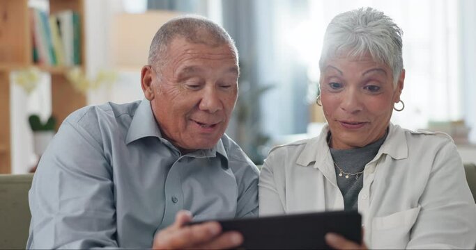 Mature, couple and tablet on sofa for online streaming, reading ebook or happy with retirement plan at home. Senior people on digital technology for pension website, blog choice or talking together