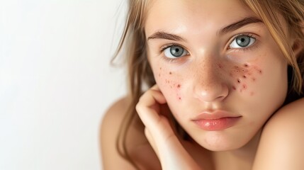 Close shot of a young female with pimple in face against a white backdrop with empty space for product or text, Generative AI.