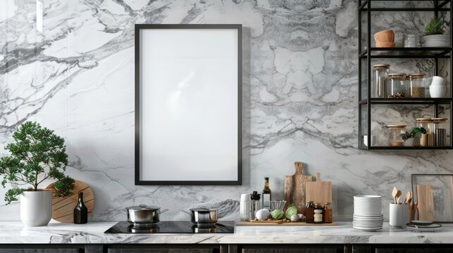 Mock poster frame, kitchen interior background, marble wall, 3d rendering. Generative Ai