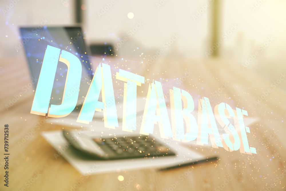 Poster double exposure of database word sign on calculator and laptop background, global research and analy