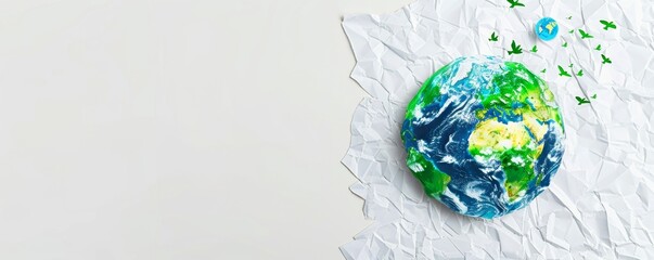 a piece of paper over the entire background, the Earth is drawn on a sheet of paper with super minimalism style, flying birds are drawn around this land.