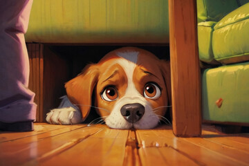 A puppy hiding under a couch on a stranger's visit.
Generative AI