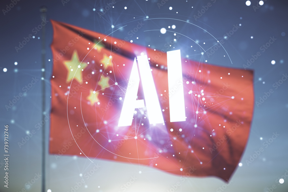 Aufkleber double exposure of creative artificial intelligence icon on flag of china and sunset sky background.