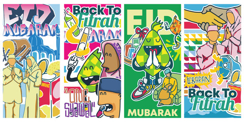 Eid mubarak illustration vector card with graffiti style