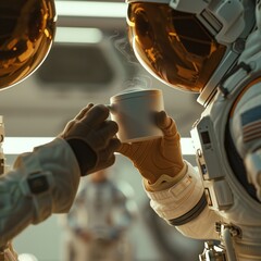 astronaut holding a cup of coffee