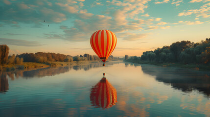 A colorful hot air balloon floats above a tranquil river, reflecting on the water against a stunning sunset backdrop. ai