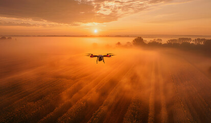 A drone flying above golden agricultural fields bathed in the warm glow of the rising sun. concept drone survey in agriculture, AI Generated