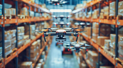 Smart logistics in warehouse, An autonomous drone with a high-resolution camera flies through warehouse aisles, potentially for inventory management. Modern innovative technology and gadget. AI