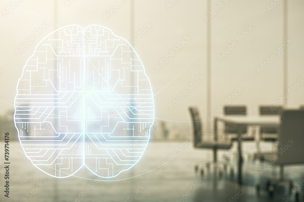Poster virtual creative artificial intelligence hologram with human brain sketch on a modern coworking room