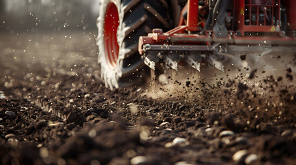 Seed Planting Machinery at Work in Agricultural Field. Close-up view of a seed drill in action, precisely distributing seeds into the soil in an agricultural field. AI - obrazy, fototapety, plakaty