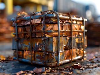 A bale of recycled copper is made up of compressed and bundled scrap, including wire and piping, stripped of insulation and contaminants - obrazy, fototapety, plakaty