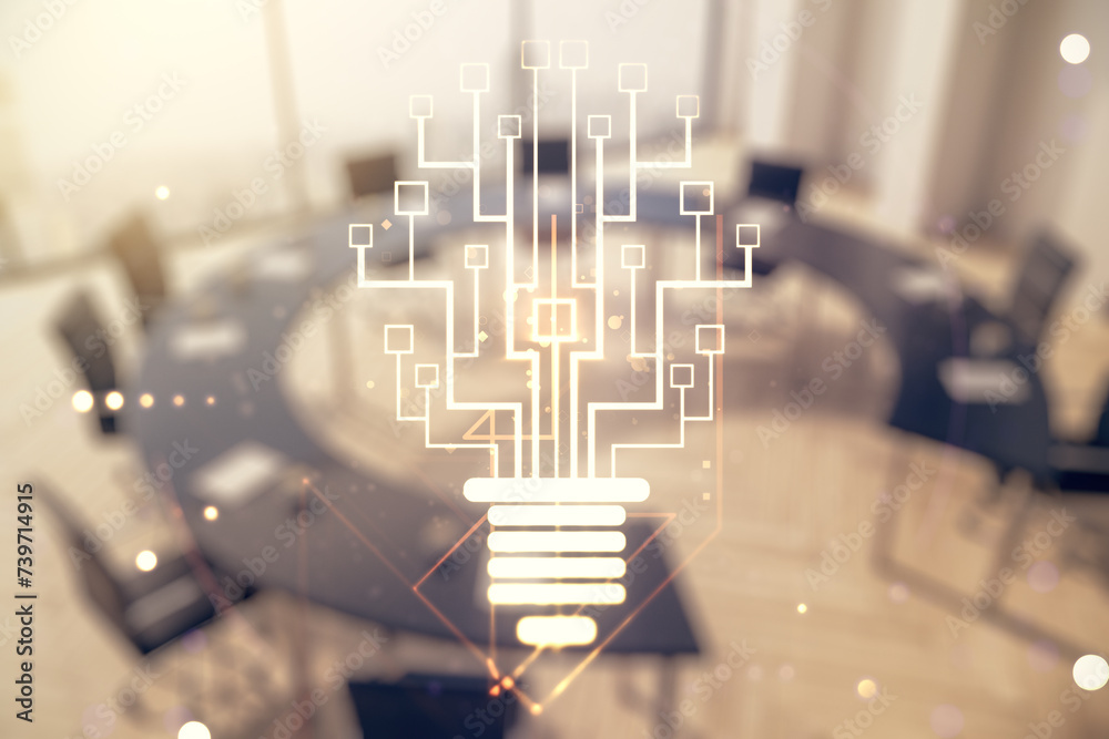 Poster virtual creative light bulb with chip hologram on a modern boardroom background, artificial intellig