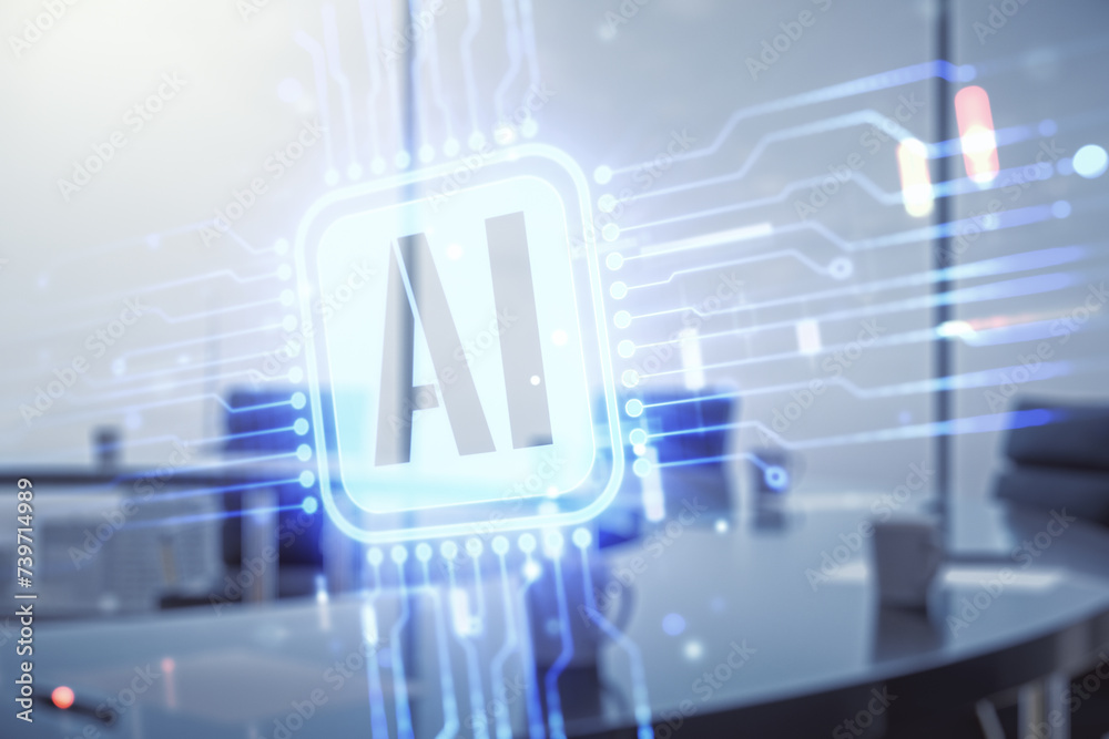 Aufkleber double exposure of creative artificial intelligence icon on a modern meeting room background. neural