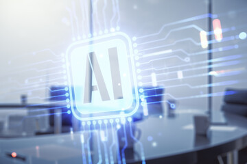 Double exposure of creative artificial Intelligence icon on a modern meeting room background. Neural networks and machine learning concept