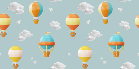 Seamless pattern with hot air balloons with basket in the clouds, 3d vector cartoon various aerostat flying in the sky