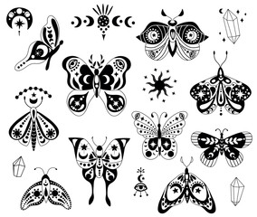 Fototapeta premium Set of Mystical Butterflies. White background, isolate