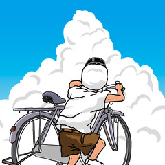 自転車を押して夏雲を見上げる少年