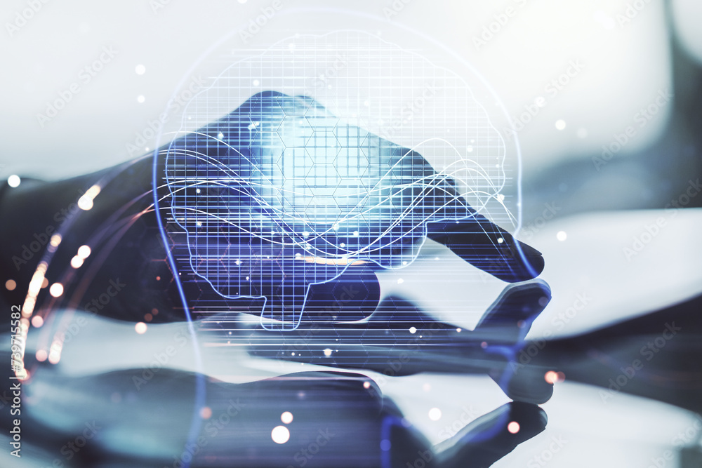Poster double exposure of creative artificial intelligence symbol with finger clicks on a digital tablet on