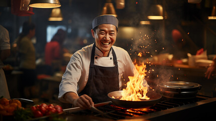 Chef with a large frying pan cooking over high heat. Happy Asian man cooking in the kitchen. Bokeh...