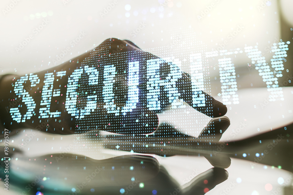 Poster cyber security creative concept with finger clicks on a digital tablet on background. double exposur