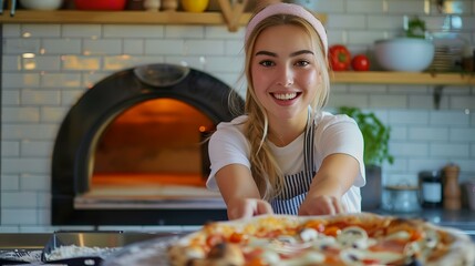 Smiling young woman offering fresh pizza in cozy restaurant. culinary experience with homemade cuisine. enjoy a delicious meal. AI