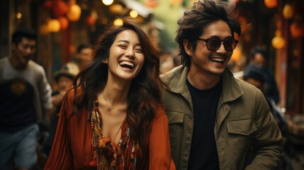 Smiling Fashionable Asian Couple Enjoying City Walk.
