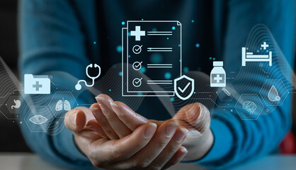 Health insurance concept, Human holding virtual insurance and healthcare medical icon, doctor,...