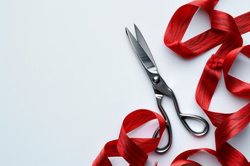 Cutting a fiery red satin ribbon coupled with scissors over a white backdrop and space, Generative AI.