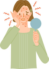 アレルギー反応で顔の皮膚が肌荒れで炎症してかゆい女性（花粉症皮膚炎）