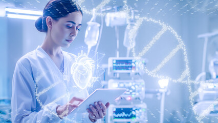 Futuristic doctor analyzing a holographic in a high-tech medical facility.