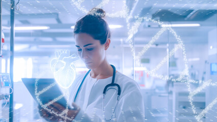 Futuristic doctor analyzing a holographic in a high-tech medical facility.