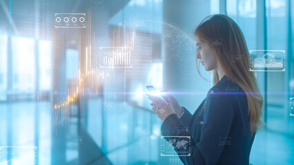 Businesswoman analyzing interactive financial data on futuristic virtual screens. Professional female with glowing data interfaces in a smart office.