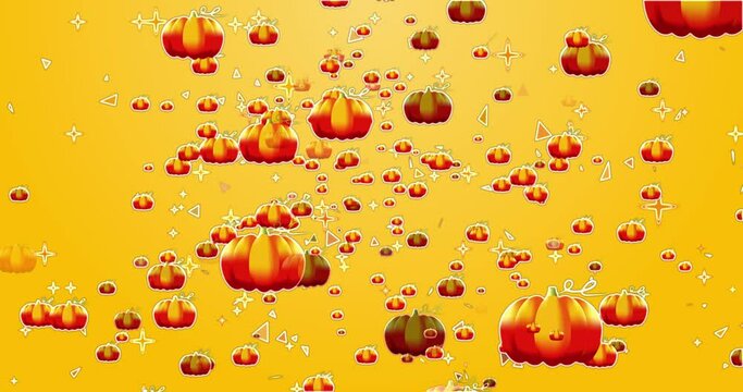 4K growing falling pumpkin BG with particle animation. Falling pumpkin on a Yellow background for Halloween, Thanksgiving, Party, Cartoon, and Horror. Halloween pumpkin particle animation. Easy to use