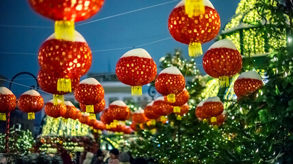 Chinese New Year. Red Chinese lanterns. Evening festive illumination
