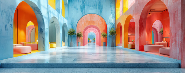 Artistic 3D scene of an abstract museum colorful and imaginative for creative products