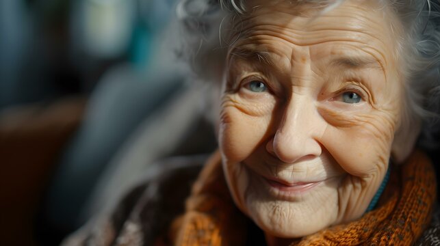 Elderly woman with a heartfelt smile in natural light, capturing graceful aging. casual, candid portrait of timeless beauty. emotional, genuine, and warm. AI