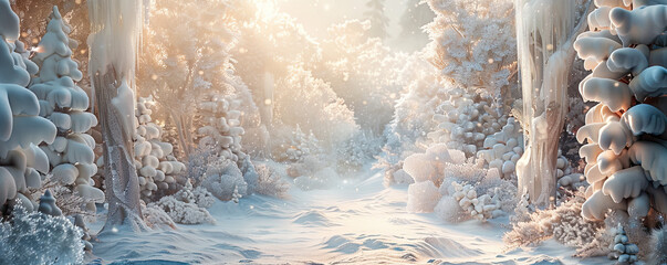 A breathtaking snowy forest scene with trees covered in thick snow, illuminated by the golden rays of the rising sun.
 - obrazy, fototapety, plakaty